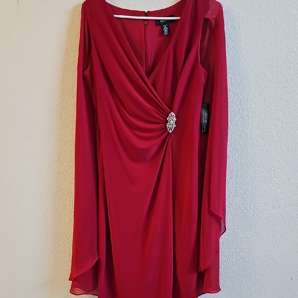 R&M Richards Red Long Sleeve Dress with Embellishment